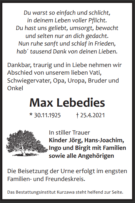 Traueranzeige Max Lebedies